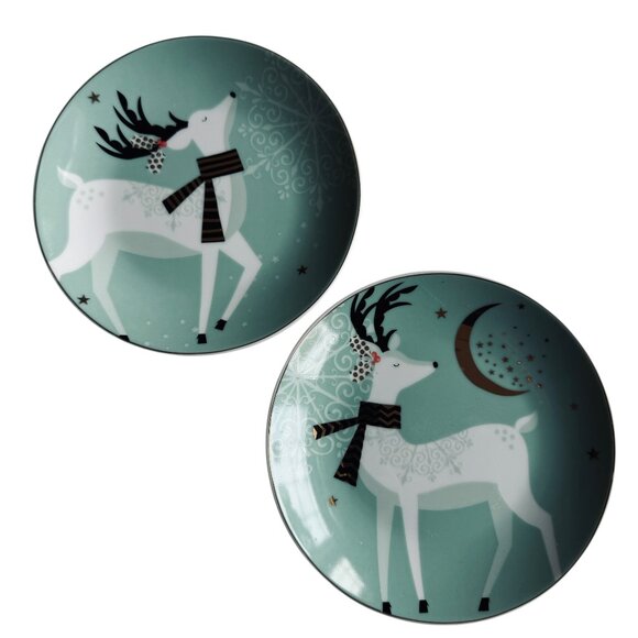 Vintage Pier 1 Christmas Reindeer Appetizer Dessert Plates Set Of 2 Aqua Festive - Picture 16 of 16